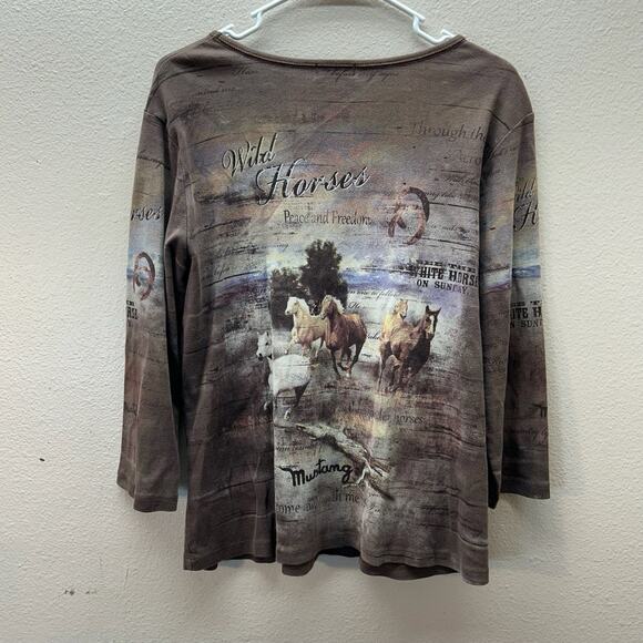 Studio Gem Y2K Wild Horses Mustang Sequin Top Brown Western Size XL Baby Tee - Picture 6 of 7